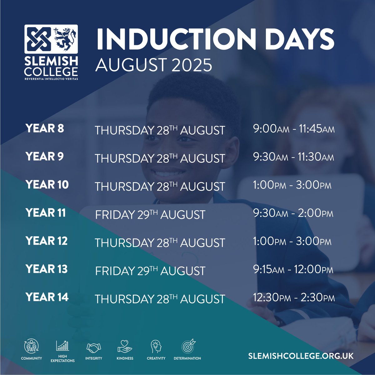It’s almost that time of year again! As you enjoy your last few days of the summer holidays, here are the details of our induction days this Thursday &amp; Friday. Year 8s are also in school for their first full day on Friday, and term begins for all students on Monday 1st September.