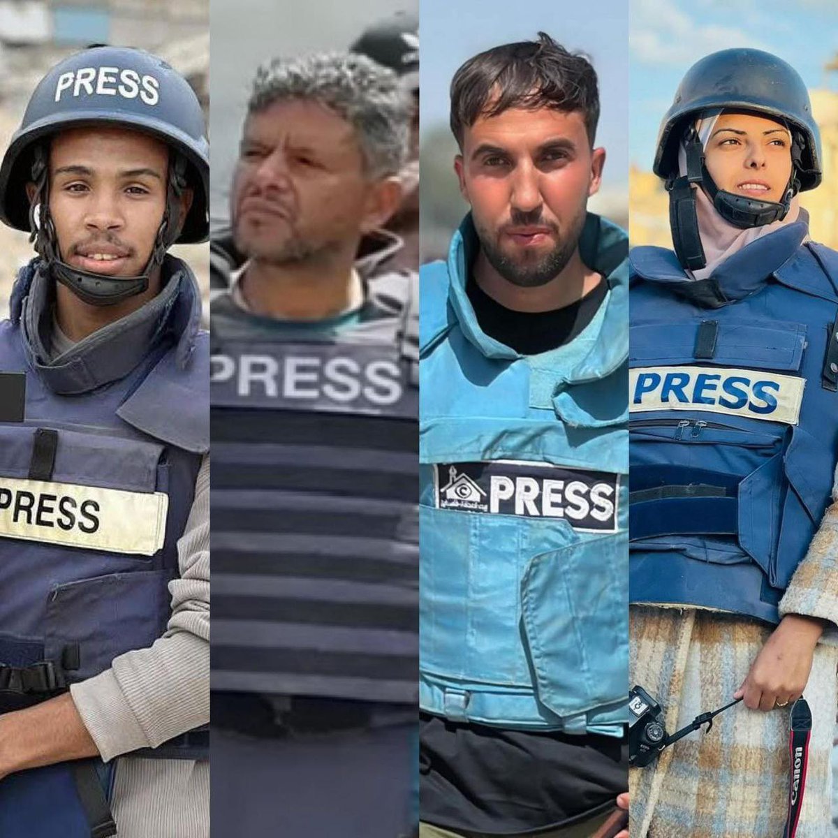 The photo shows the three journalists who were killed by Israeli occupation forces while documenting the destruction from a previous strike .