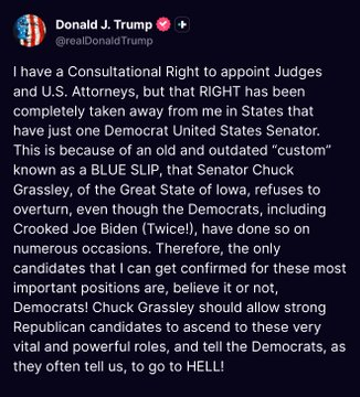 President Trump is 💯right. Grassley and Republicans watched democrats destroy our country for years and now they choose Senate "traditions" over saving our country.