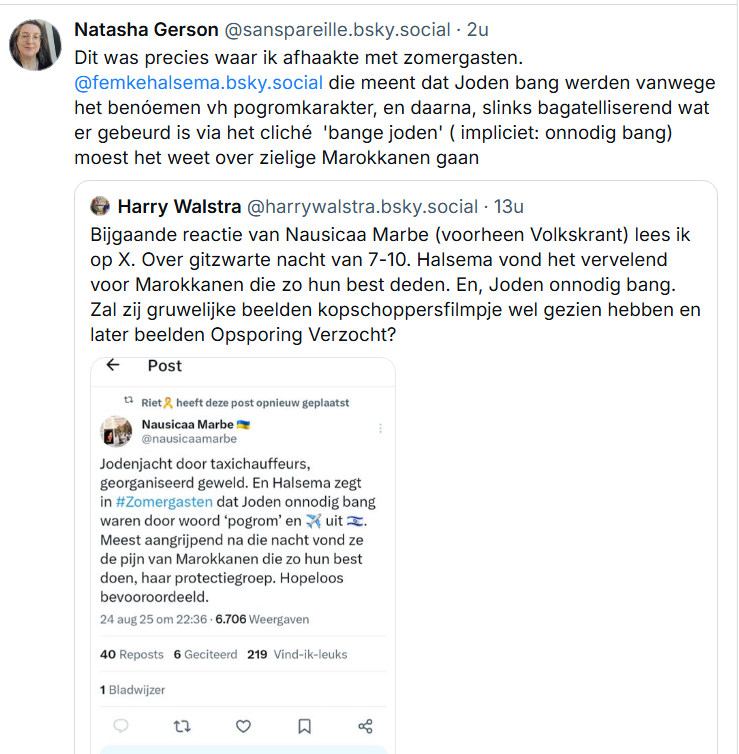 Krachtige mening van Natasha Gerson (helaas niet meer op X) over Maccabi-nacht-uitspraak van Femke Halsema in Zomergasten.