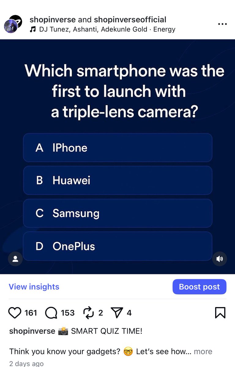 shop_inverse's tweet photo. Only the sharpest tech minds got this one right ๐๐ฑ
Answer: huawei โ p20 pro (2018), the pioneer of the triple-lens camera era.
Did you win the bragging rights today?
๐ oya drop this: ๐ช๐ฝ๐ช๐ฝ in the comments!
#shopinverse #techquiz #smartshopping #gadgetlovers #shopinverseofficial