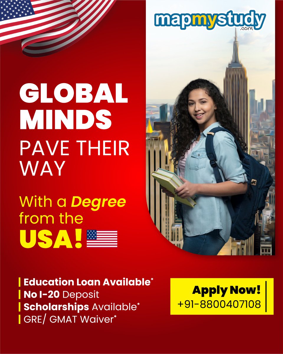 MapMyStudy's tweet image. Future Leaders Choose the USA!
Global exposure, top universities &amp;amp; endless opportunities await you. 🌎
✅ Scholarships
✅ Education Loan
✅ GRE/GMAT Waiver
📞 +91-8800407108
#MapMyStudy #StudyAbroad