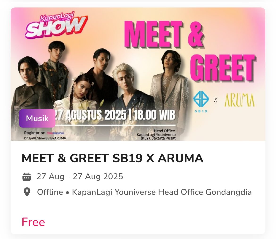 Bretman Stoneโต ๐ (@sbretmanstone) on Twitter photo JUST IN: SB19 will be holding a Meet and Greet with Aruma in Indonesia on August 27, 2025.
Register now: youniverse.id/event/2051/meeโฆ
<a href="/SB19Official/">SB19 Official</a> | #SB19 JUST IN: SB19 will be holding a Meet and Greet with Aruma in Indonesia on August 27, 2025.
Register now: youniverse.id/event/2051/meeโฆ
<a href="/SB19Official/">SB19 Official</a> | #SB19