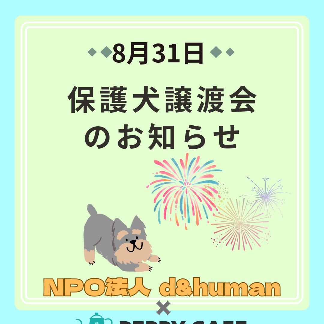 peppy_cafe's tweet photo. 8月31日はd&amp;human さんの保護犬譲渡会。  今回も月末日曜日になります。 咬傷犬トレーナーによる公開トレーニングもあります。 https://t.co/jMUu12vyLt #保護犬 #里親募集中 #譲渡会 #ペットカフェ https://t.co/7762jueyG6
