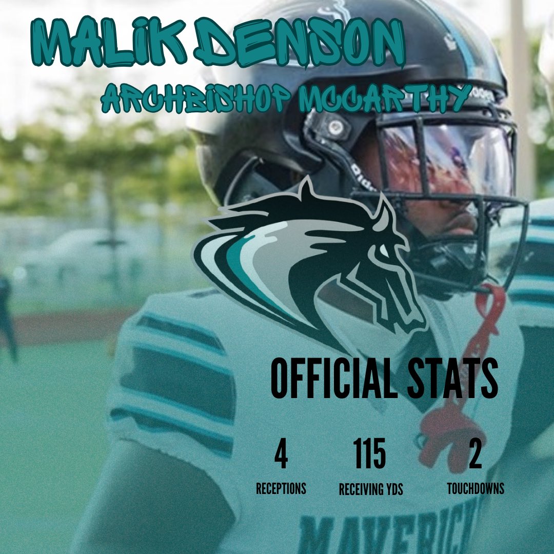 Nik Myrick (@cribskiimedia) on Twitter photo Archbishop McCarthy WR Malik Denson ✝️
📊 Stats:
▫️ 4 Receptions
▫️ 115 Yards
▫️ 2 TDs
Denson was a big-play machine for the Mavericks, taking the top off the defense and finding the end zone twice. 🔥💯
#MaverickMade #DensonDominates
<a href="/_malik4x/">Malik Denson 3⭐️</a> 
hudl.com/v/2SUL7L Archbishop McCarthy WR Malik Denson ✝️
📊 Stats:
▫️ 4 Receptions
▫️ 115 Yards
▫️ 2 TDs
Denson was a big-play machine for the Mavericks, taking the top off the defense and finding the end zone twice. 🔥💯
#MaverickMade #DensonDominates
<a href="/_malik4x/">Malik Denson 3⭐️</a> 
hudl.com/v/2SUL7L