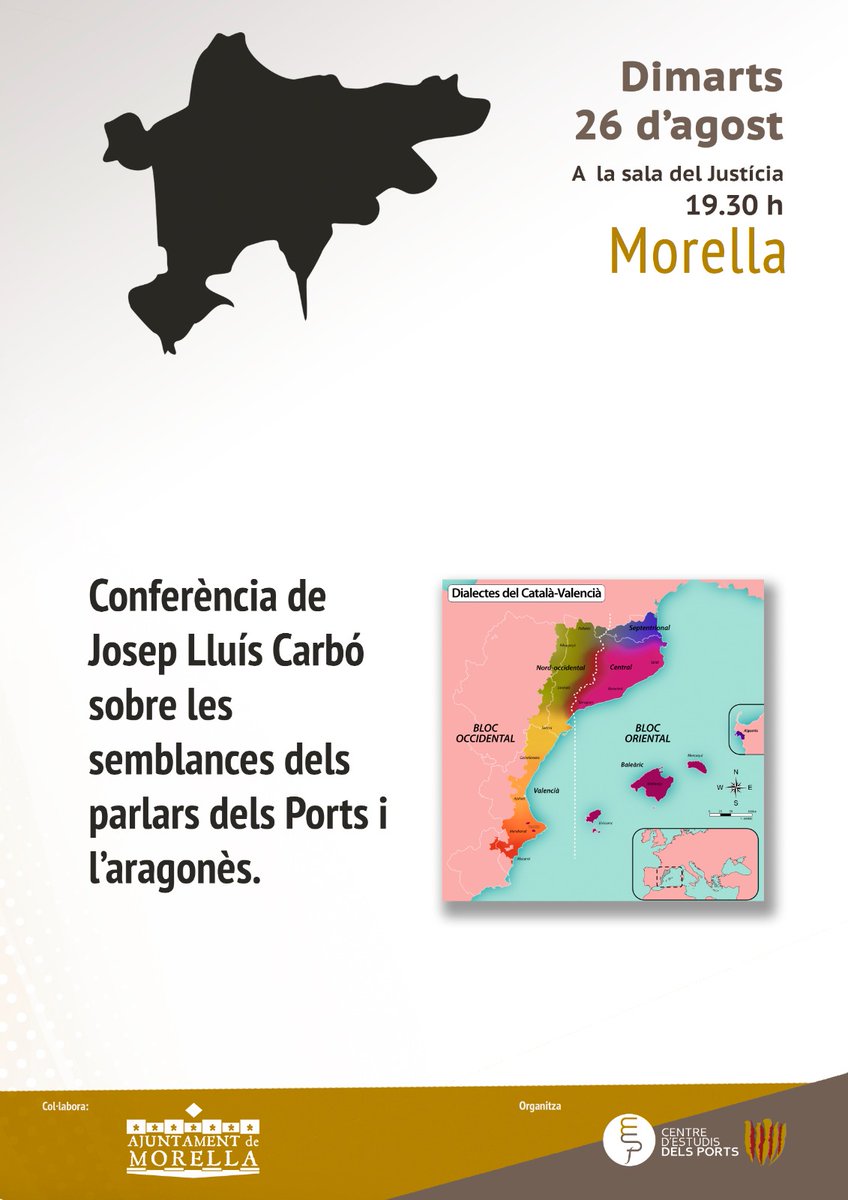 Dimarts, 26 d'agost, a MORELLA: JOSEP LLUÍS CARBÓ parlarà sobre les SEMBLANCES DELS PARLARS DELS PORTS AMB L'ARAGONÈS