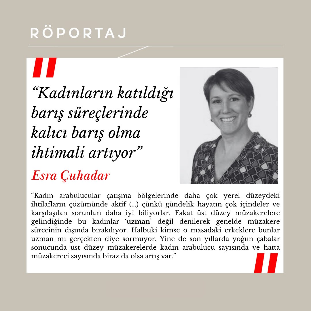Araştırmalar çatışmaların çözümü için masada kadınlar olduğunda, barışın ömrü uzadığını gösteriyor.

Doç. Dr. Esra Çuhadar,çatışma çözümü ve arabuluculuk deneyimleri ile Türkiye’deki yeni süreci <a href="/semingumusel/">Semin Gumusel</a>'e anlattı.

🔗 Röportajın tamamını okumak için: sessizolmaz.org/blog-92-kadinl…