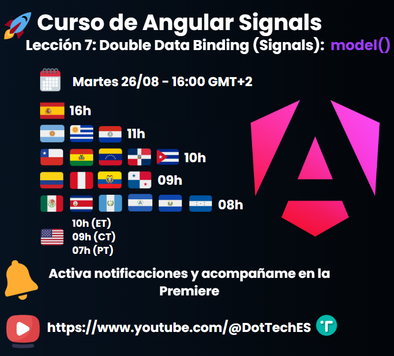 DotTechES's tweet image. ⚙️ ¿Listo para aprender el nuevo modelo de double data binding en Angular Signals?
📅 Mañana publicamos Lección 7: double data binding con todo el potencial de Signals

🔗 f.mtr.cool/uqwihhzjsz

#Angular #WebDev #Reactividad