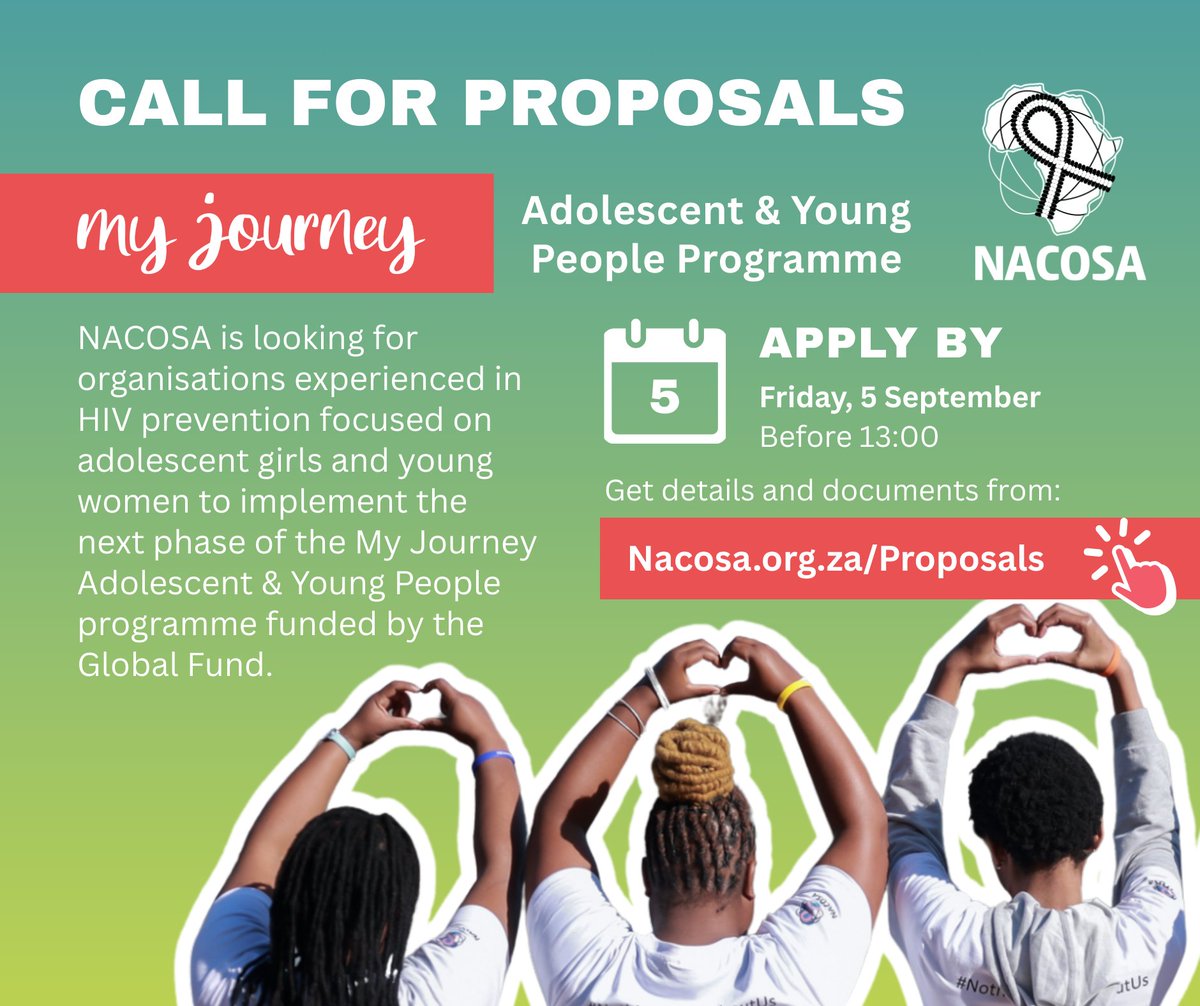 NACOSANet's tweet photo. Does your organisation work with adolescents and young people in HIV prevention? We are looking for organisations to implement the next phase of the My Journey programme funded by the Global Fund. Find out more: https://t.co/kBqM2cN5kn 
Closing date is Friday 5 September 2025 https://t.co/VQz9q1l5Vk
