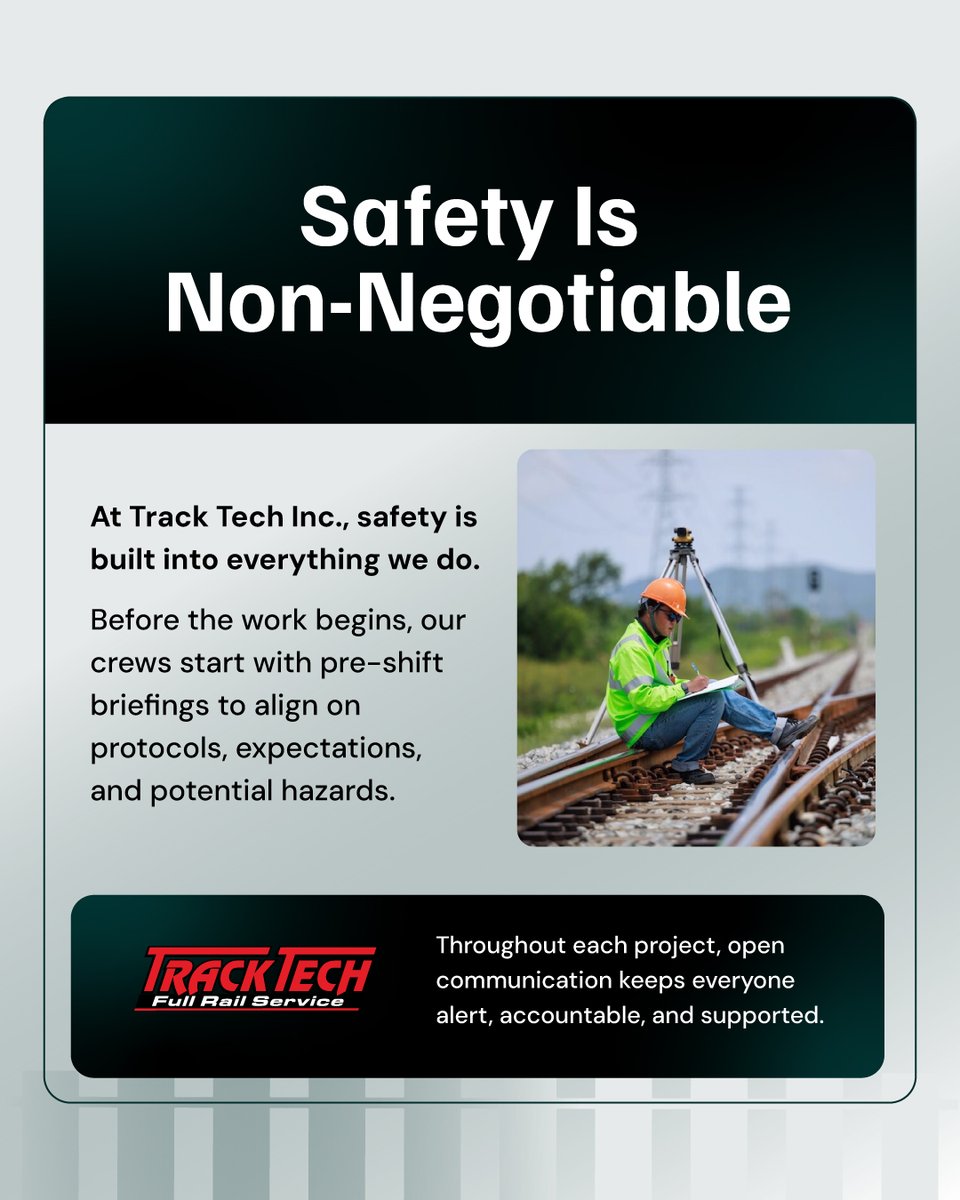 TrackTech_Inc's tweet image. We believe that no deadline or deliverable is more important than going home safe at the end of the day.

-Zero-compromise safety standards 🦺
-Real-time team communication 🔊
-Applied on every job, every shift 🔁

#RailSafety #SafetyFirst #JobSiteStandards #RailroadWork