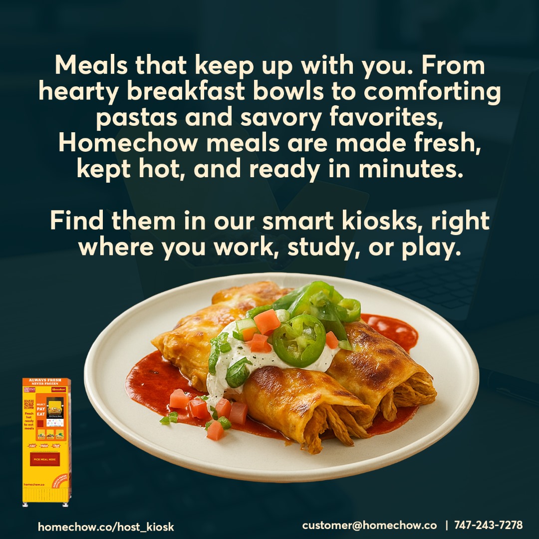 HomechowCo's tweet image. Mondays don’t have to drag.
Fuel your week with fresh, hot Homechow meals ready in minutes from our smart kiosks, right where you work, study, or play.
Start strong, stay fueled.
homechow.co/host_kiosk
#Homechow #MondayMotivation #RochesterEats