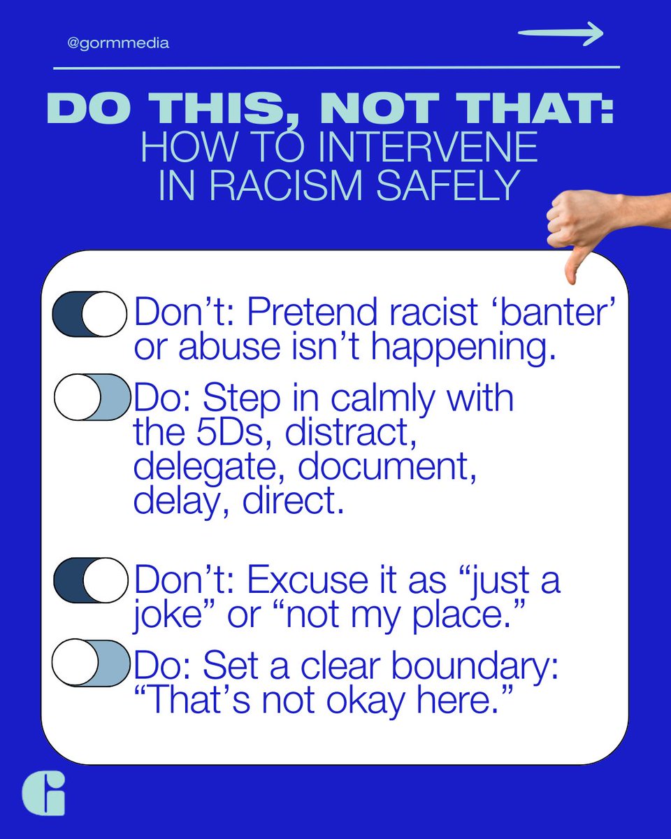 GormMedia's tweet photo. Silence in the face of racism doesn’t protect anyone, it normalises harm.

Don’t freeze. Do act. Safely, calmly, clearly.

✨ Want the steps? Read the guide: https://t.co/SLpa46m4WQ

#DoDontInclusion #BystanderIntervention #SaferWorkplaces #CultureShift #AntiRacism #Ireland https://t.co/7jIpbJxyat