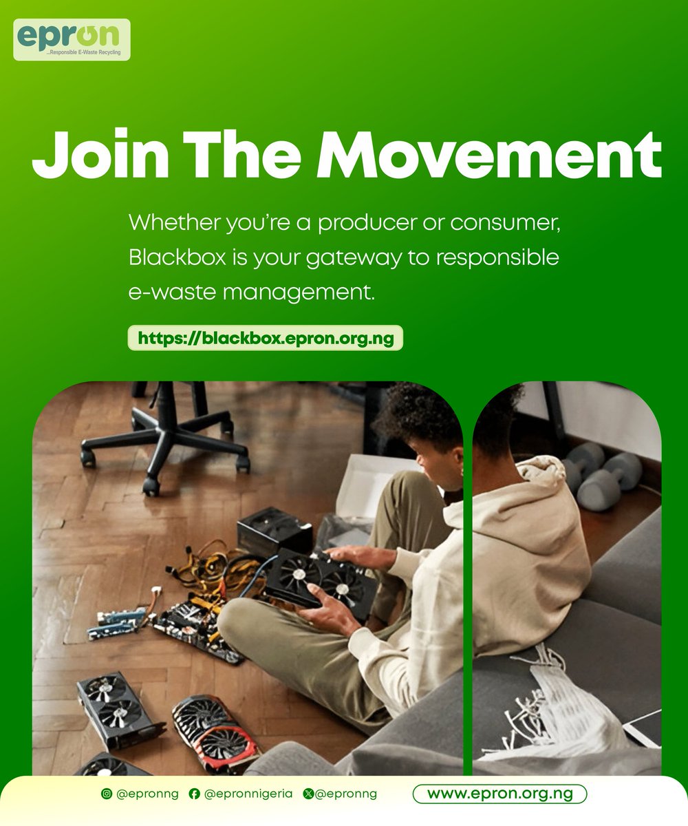 Every day, millions of Nigerians use electronics: phones, laptops, TVs, and countless other devices. 
 
Blackbox provides a simple, transparent, and eco-friendly solution to dispose of old electronics,

🌍 Visit: blackbox.epron.org.ng

#EPRON #Blackbox #EEE #EwasteAwareness