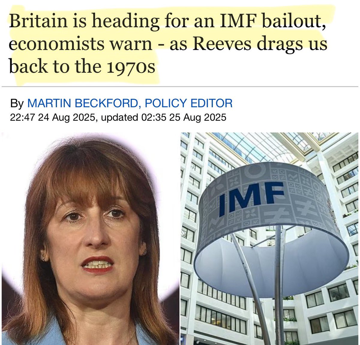 Even the IMF, the ‘lender of last resort,’ knows the UK is fucked.

▪️ Out of control Net Zero spending
▪️ Huge civil service overheads
▪️ Highest energy prices in the developed world
▪️ Union control pay increases 
▪️ Ridiculous foreign aid spending
▪️ Huge welfare costs of