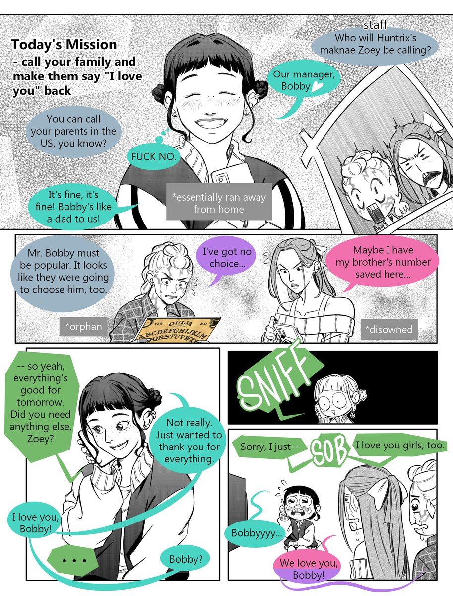 There's this variety series where idols call family(or friends) to make them say "I love you" and I just thought, whew! Huntrix would be the worst guests for that lmao(1/3)
#KPOPDEMONHUNTERS #zoemira