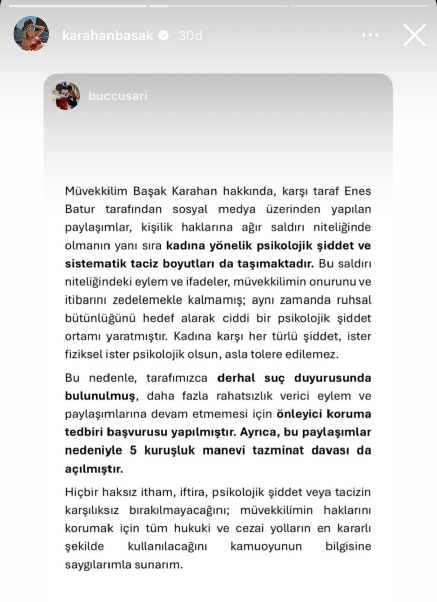 Başak Karahan, eski sevgilisi Enes Batur'a yaptığı paylaşımlar nedeniyle dava açtığını duyurdu.

"Yapılan paylaşımlar, kadına yönelik psikolojik şiddet ve sistematik taciz boyutları da taşımaktadır."