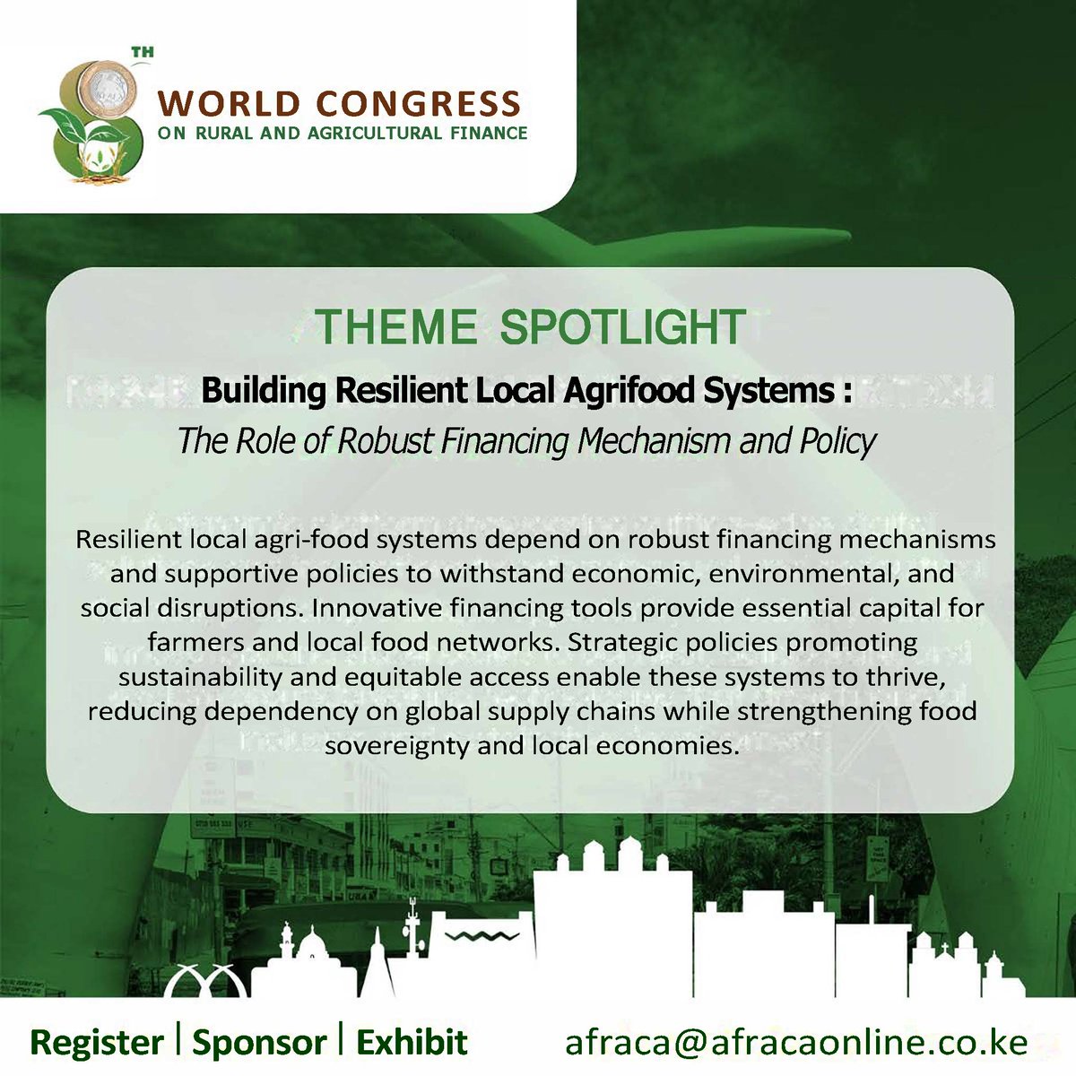 AFRACA invites you to the 8th World Congress on Rural and Agricultural Finance, October 27-31, 2025 in Mombasa, Kenya. Experience five days of transformative learning and collaboration in the heart of East Africa.  Secure your registration at world-congress.afraca.org