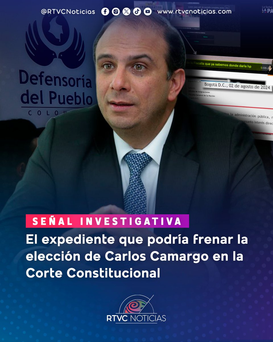 RTVC Noticias (@rtvcnoticias) on Twitter photo 📂🔎El exdefensor Carlos Camargo, favorito al Senado para la Corte Constitucional, enfrenta un expediente por espionaje y denuncias de posibles conflictos de interés, según lo revelado de #SeñalInvestigativa por <a href="/SenalColombia/">Señal Colombia</a> y <a href="/revistaRAYA/">Revista RAYA</a>.
Más info: lc.cx/jJTGLp 📂🔎El exdefensor Carlos Camargo, favorito al Senado para la Corte Constitucional, enfrenta un expediente por espionaje y denuncias de posibles conflictos de interés, según lo revelado de #SeñalInvestigativa por <a href="/SenalColombia/">Señal Colombia</a> y <a href="/revistaRAYA/">Revista RAYA</a>.
Más info: lc.cx/jJTGLp