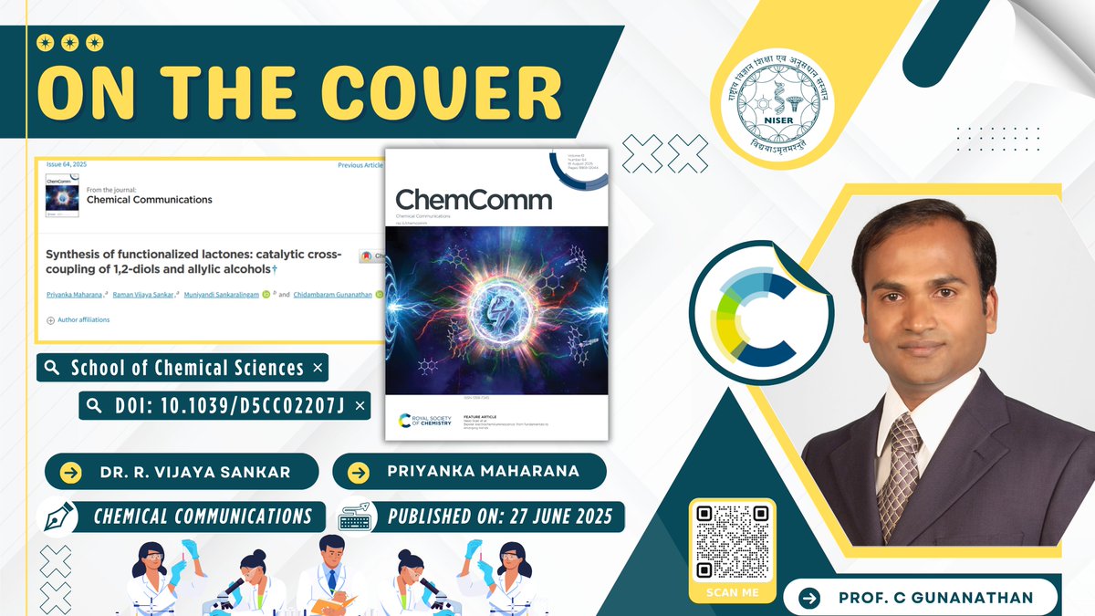 niser_official's tweet photo. Research from @GunaLab, SCS-NISER has been featured on the cover of @ChemCommun! The study presents a sustainable Ru-catalyzed method to convert simple industrial feedstock chemicals into δ-hydroxybutyrolactones, with H₂ as the only green byproduct.
More: https://t.co/nnWYqSjpd1 https://t.co/fLo8xsazaf