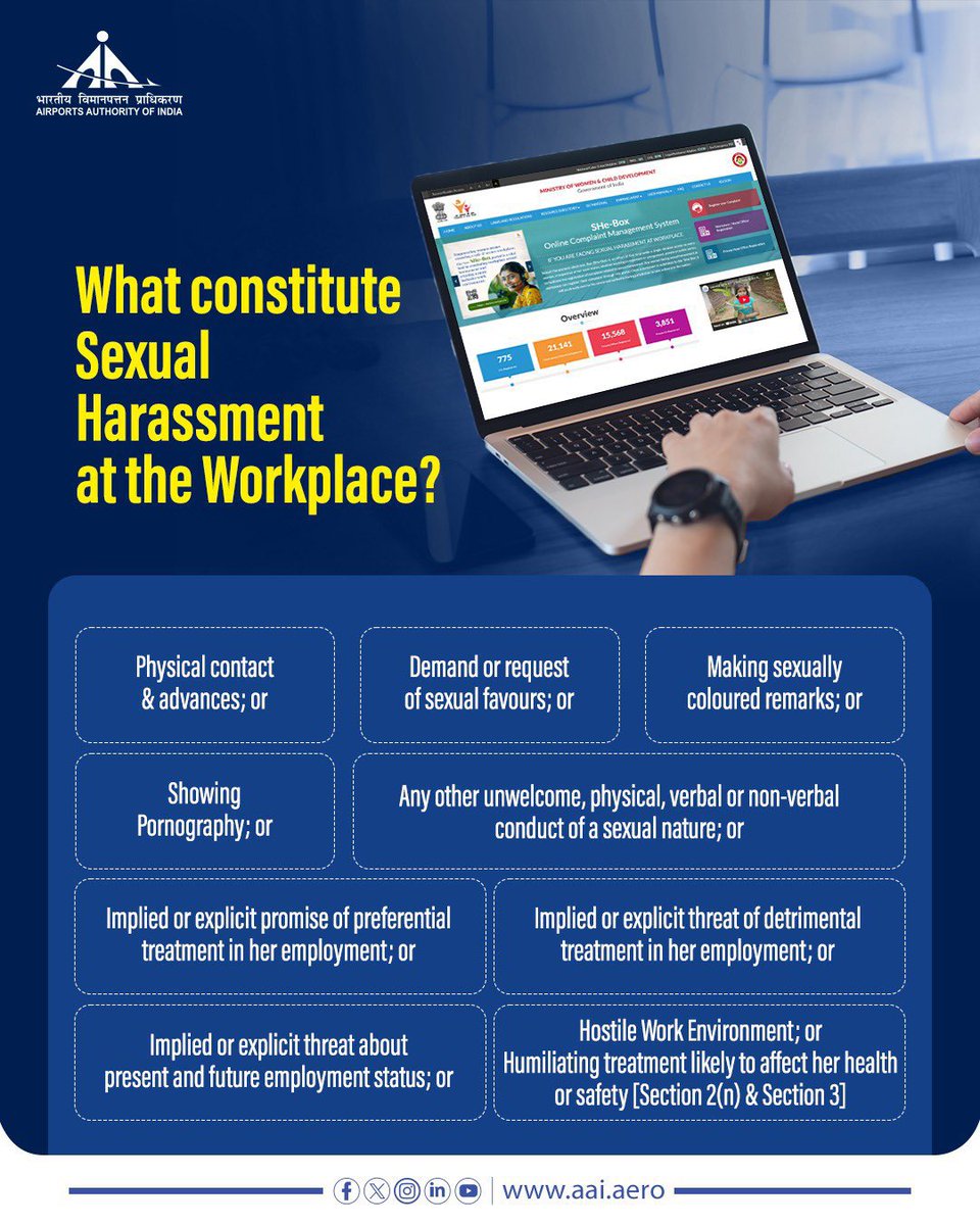 aailbrairport's tweet image. Your Voice Matters! Report workplace sexual harassment confidentially on SHe-Box (shebox.wcd.gov.in). Empowering women, ensuring safety. #SHeBox #WomenSafety #WorkplaceSafety