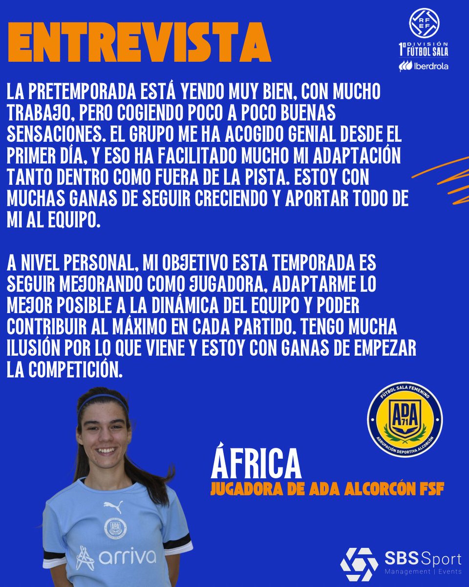 1ª ᴅɪᴠɪsɪᴏ́ɴ (ғ)

Declaraciones de 𝘼́𝙛𝙧𝙞𝙘𝙖, jugadora de <a href="/ADAlcorconFSF/">A.D. Alcorcón F.S.F.</a>.

➡️ Nos cuenta sus sensaciones de la pretemporada y su adaptación en el conjunto alfarero. 

➕ℹ️ sport-sbs.com/representado/a…

#sbsplayers | <a href="/africalc22/">Africa Lozano</a>