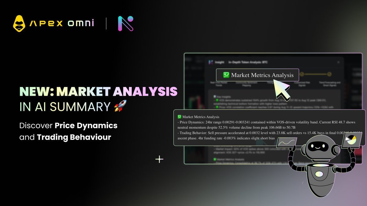 Memecoin_Space's tweet image. 🤖 Trading can feel overwhelming with charts, volumes, inflows/outflows flying everywhere… but what if AI could simplify it all?

@OfficialApeXdex Omni just rolled out AI Market Metrics Analysis - your personal market assistant that:

⚡ spots key turning points in price &amp;amp;…