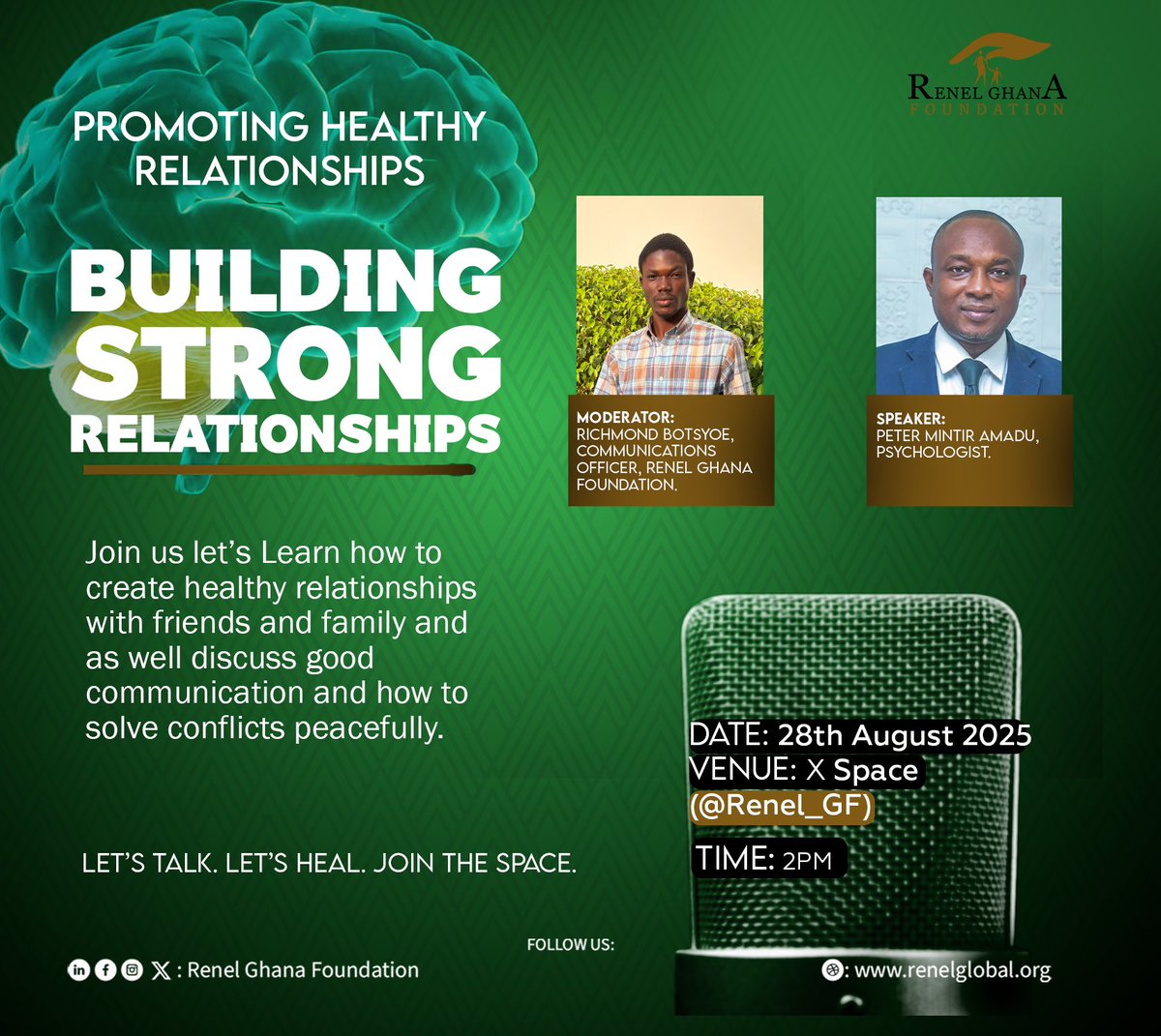 Renel_GF's tweet image. The quality of our relationships directly impacts our mental well-being. This Thursday, let's learn how to build stronger, healthier connections!

Join us here ()
#BuildingRelationships #MentalHealthGH #HealthyRelationships #LetsTalk