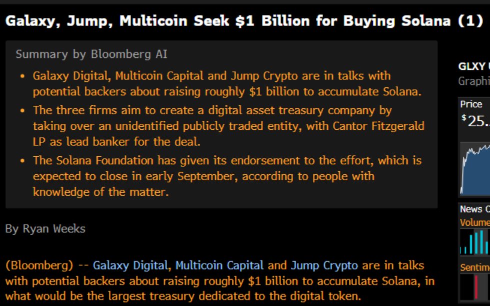 Bloomberg 关于 Galaxy、Jump 和 Multicoin 为 Solana 国库筹集 10 亿美元的摘要