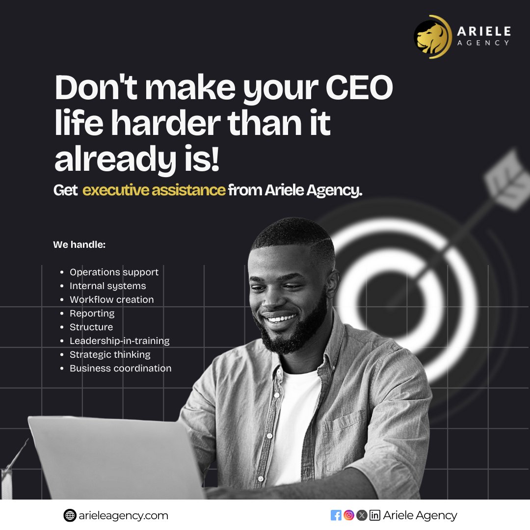 ArieleAgency's tweet image. Let’s mind your business for you.

Focus on the demands of scaling, while we run your business operations with the same passion and precision you would.

Let&apos;s help you execute. 

#arieleagency #executivesupport #executiveassistance