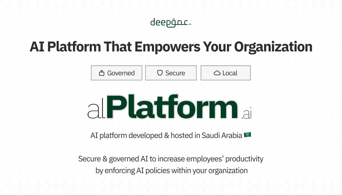 DeepForAI's tweet image. We are proud to announce our first product: alPlatform.ai  

AI platform developed in Saudi Arabia 🇸🇦 

providing a secure, reliable, and governed environment  to increase your employees&apos; productivity and enforcing AI governance policies within your organization.

25+…