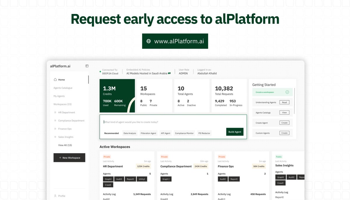DeepForAI's tweet image. We are proud to announce our first product: alPlatform.ai  

AI platform developed in Saudi Arabia 🇸🇦 

providing a secure, reliable, and governed environment  to increase your employees&apos; productivity and enforcing AI governance policies within your organization.

25+…