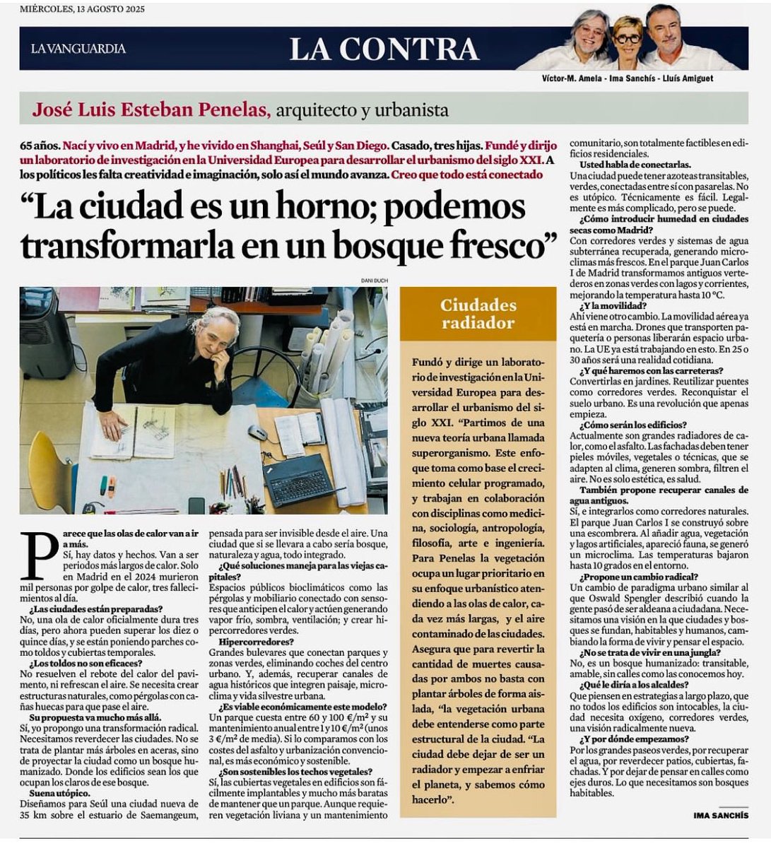 Que bien, <a href="/LaVanguardia/">La Vanguardia</a> difundiendo teorías radicales de renaturalización urbana, que propugnan crear “grandes bulevares que conecten parques y zonas verdes eliminando el coche del centro urbano”