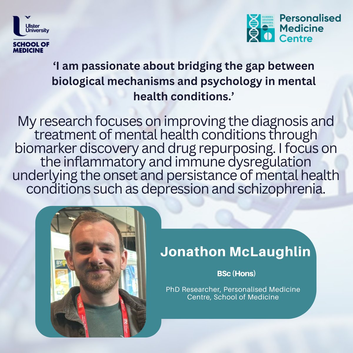 Introducing PhD Researcher @jonathonmclaughlin who works in the field of #MentalHealth, #schizophrenia, #depression, #BiomarkerDiscovery and #drugrepurposing

You can keep up to date with Jonathon’s research here:
pure.ulster.ac.uk/en/persons/jon…