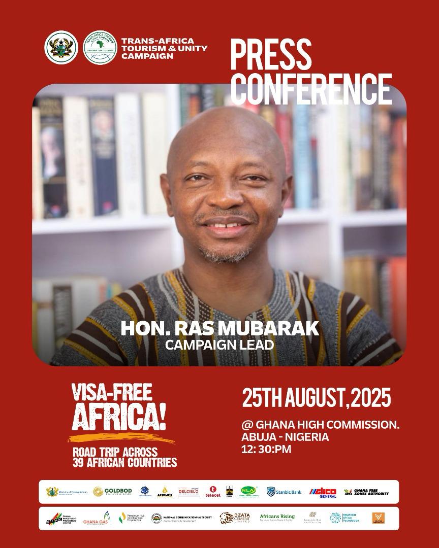 The Trans Africa Tourism &amp; Unity Campaign will be holding a press conference at the Ghana High Commission in Abuja, Nigeria 🇬🇭🇳🇬.

Stay tuned on YouTube, Facebook, Instagram and X  for updates as we continue pushing the call for a Visa-Free Africa! 🌍✊🏾

#TransAfricanTourismUnity