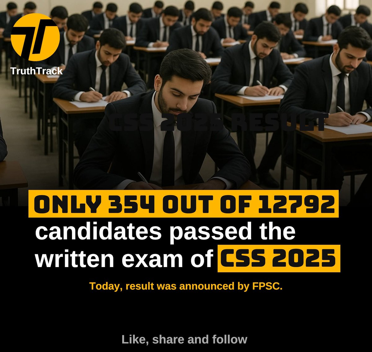 TruthTrack62890's tweet image. 📢 FPSC CSS 2025 Result Out!
Only 354 of 12,792 cleared the written exam—success rate just 2.77%. ⚖️ Check results on the official FPSC site.
#FPSC #CSS2025 #CSSResult #FPSCResult #CSSExams #PakistanExams #CSSAspirants
