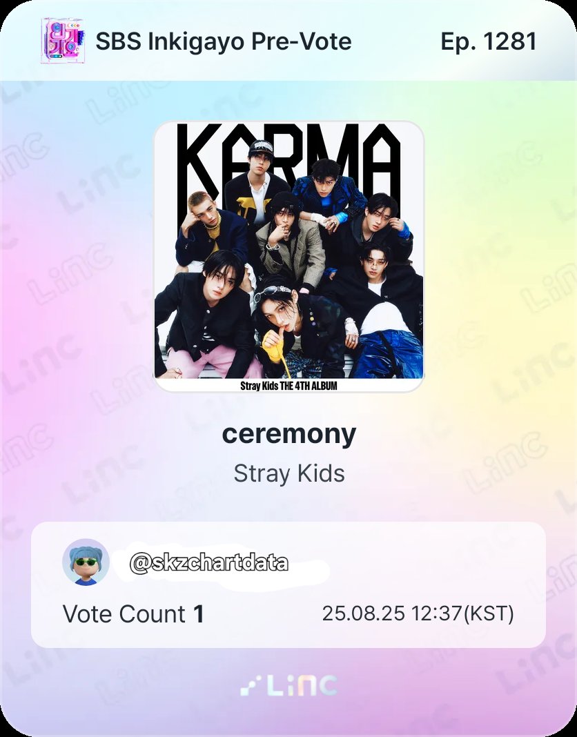 Stray Kids Chart Data (@skzchartdata) on Twitter photo PRE-VOTE: Vote <a href="/Stray_Kids/">Stray Kids</a>’ #CEREMONY on the LiNC app for INKIGAYO! 🏆
#1 #StrayKids — 65,2%
#2 — 7,3%
🗳️ Voting ends 08/29, 11.59PM KST
🗳️ 1 vote = 30 fan points
🗳️teamsvsglobal.com/tutorials/linc
*This pre-voting is for the broadcast on 09/07. PRE-VOTE: Vote <a href="/Stray_Kids/">Stray Kids</a>’ #CEREMONY on the LiNC app for INKIGAYO! 🏆
#1 #StrayKids — 65,2%
#2 — 7,3%
🗳️ Voting ends 08/29, 11.59PM KST
🗳️ 1 vote = 30 fan points
🗳️teamsvsglobal.com/tutorials/linc
*This pre-voting is for the broadcast on 09/07.