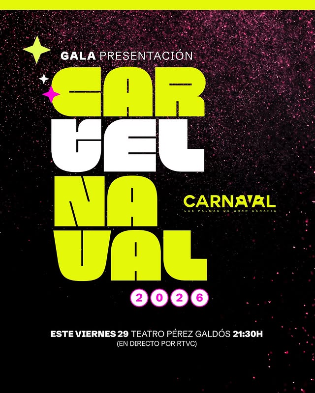 Gala de presentación del Cartel del Carnaval de Las Palmas de Gran Canaria 2026 ✨🎭

📅 Viernes 29 de agosto
🕤 21:30 h (en directo por TVC) <a href="/RTVCes/">RTVC</a> 
📍 Entrada principal del Teatro Pérez Galdós

#CarnavalLPA2026 #LasPalmasDeGranCanaria #lpacarnaval