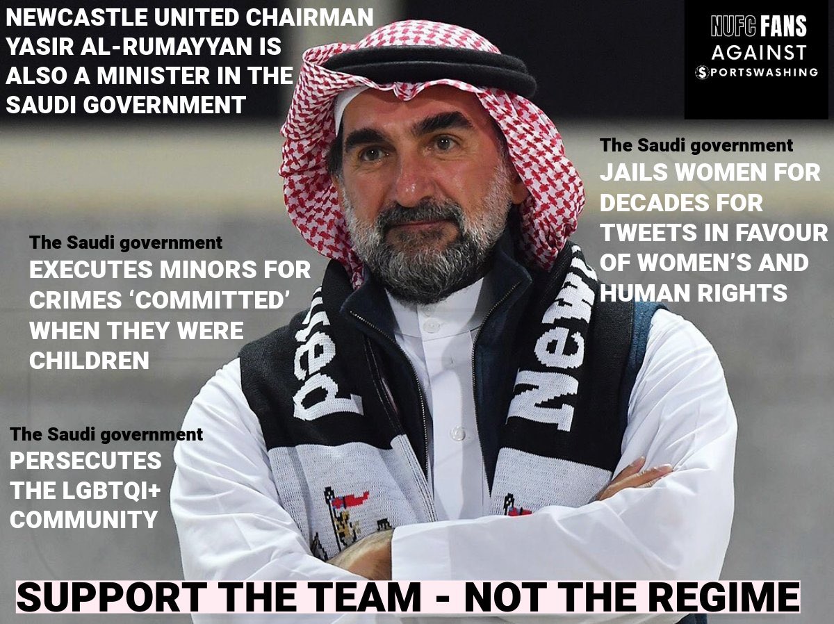 NUFC Fans Against Sportswashing (@nosauditoon) on Twitter photo <a href="/Nusc2023/">Newcastle United Supporters’ Club</a> If <a href="/NUFC/">Newcastle United</a> chairman and sitting Saudi minister Yasir al-Rumayyan is in town for #NEWLIV tonight, fans of both clubs must make it clear we do not support the execution of Saudi citizens for ‘crimes’ committed when they were children. <a href="/Nusc2023/">Newcastle United Supporters’ Club</a> If <a href="/NUFC/">Newcastle United</a> chairman and sitting Saudi minister Yasir al-Rumayyan is in town for #NEWLIV tonight, fans of both clubs must make it clear we do not support the execution of Saudi citizens for ‘crimes’ committed when they were children.