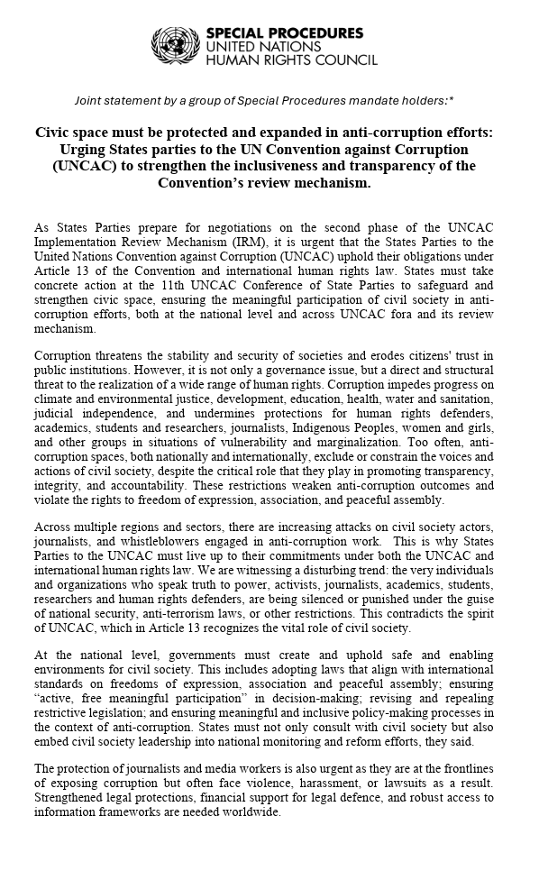 UNCAC Coalition (@uncaccoalition) on Twitter photo 🔔 NEW PRESS RELEASE 🔔 
The UNCAC Coalition welcomes the unprecedented joint statement by a group of UN experts calling on UNCAC States Parties to strengthen civic space in anti-corruption efforts 
Read the full press release ➡️ lnkd.in/d8-zpfyh 🔔 NEW PRESS RELEASE 🔔 
The UNCAC Coalition welcomes the unprecedented joint statement by a group of UN experts calling on UNCAC States Parties to strengthen civic space in anti-corruption efforts 
Read the full press release ➡️ lnkd.in/d8-zpfyh