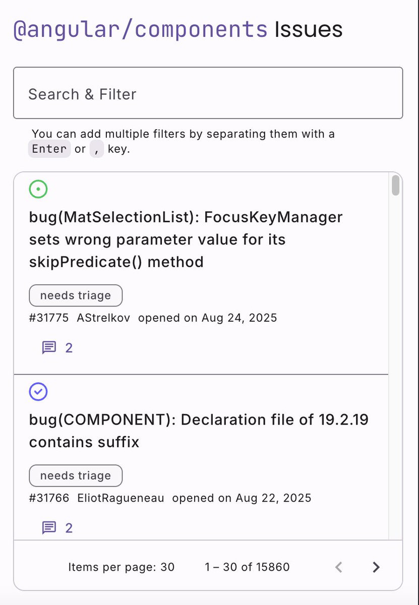shhdharmen's tweet image. New Block! 🚀 Angular Material table with:
✅ Server-side data &amp; pagination
✅ Advanced chip-based filtering
✅ Built-in empty &amp; error states
The complete solution for building real-world data grids, inspired by GitHub Issues.
ui.angular-material.dev/blocks/applica…
#Angular #DataTables