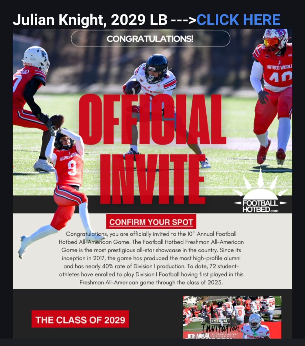 Honored to be invited to the 10th Annual <a href="/FootballHotbed/">Football Hotbed</a> Freshman All-American Game in Atlanta!
Ready to compete with the best from the Class of 2029 this January.
#AllAmerican #FootballHotbed #ClassOf2029 #DB #GrindSeason #ATL
