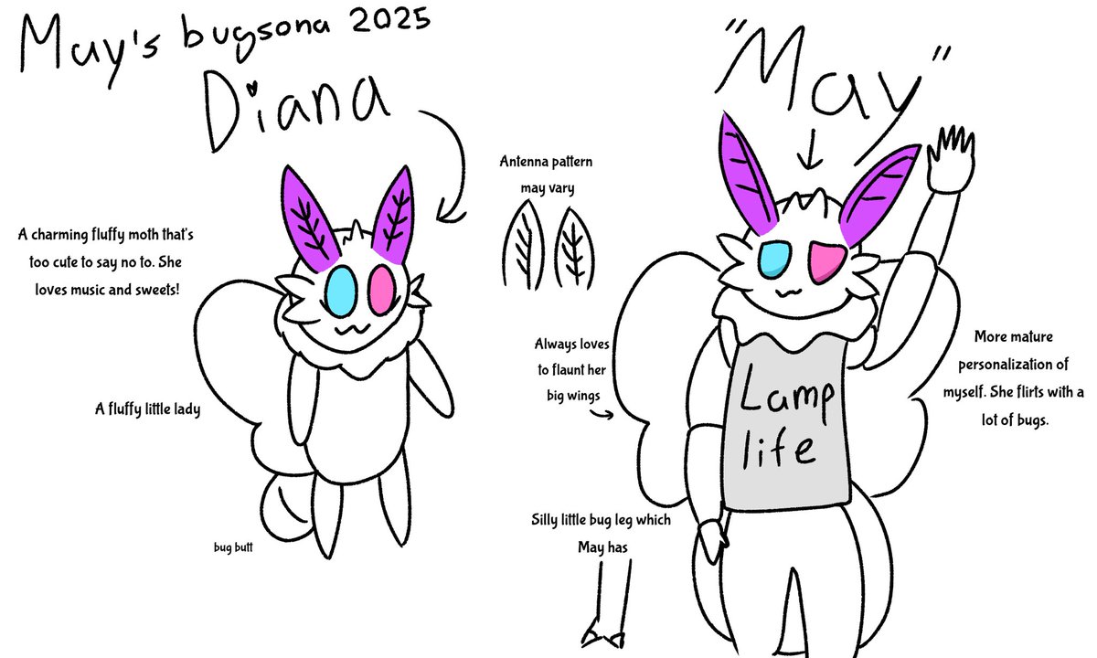 eevee930's tweet image. Here&apos;s a little breakdown of my bugsona, she has two different main designs and while her actual name is Diana and has her own lore, most people just call her May since she&apos;s supposed to represent me!~
#bugsona #bugoc #moth