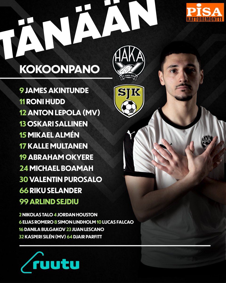 FC Haka Valkeakoski (@fchakaofficial) on Twitter photo 𝐒𝐓𝐀𝐑𝐓𝐈𝐍𝐆 𝐗𝐈
Haka tänään SJK:ta vastaan 🖤 Debyytti Boamahille!
Tervetuloa Tehtikselle!🔥👊🏻
Avauskokoonpanon tarjoaa Pisa Kattoremontti! 🧡
⚽️ FC Haka - SJK 18.00
🏟 Tehtaan kenttä, Valkeakoski
📍 Paviljongissa jälkipelit!
📺 Ruutu+
#FCHaka <a href="/Veikkausliiga/">Veikkausliiga</a> 𝐒𝐓𝐀𝐑𝐓𝐈𝐍𝐆 𝐗𝐈
Haka tänään SJK:ta vastaan 🖤 Debyytti Boamahille!
Tervetuloa Tehtikselle!🔥👊🏻
Avauskokoonpanon tarjoaa Pisa Kattoremontti! 🧡
⚽️ FC Haka - SJK 18.00
🏟 Tehtaan kenttä, Valkeakoski
📍 Paviljongissa jälkipelit!
📺 Ruutu+
#FCHaka <a href="/Veikkausliiga/">Veikkausliiga</a>