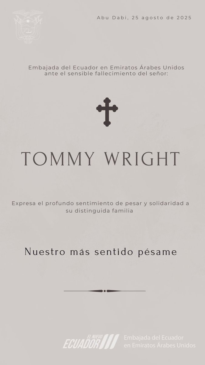 La Embajada del Ecuador en Emiratos Árabes Unidos expresa sus sentidas condolencias. <a href="/fribade/">Felipe Ribadeneira</a>