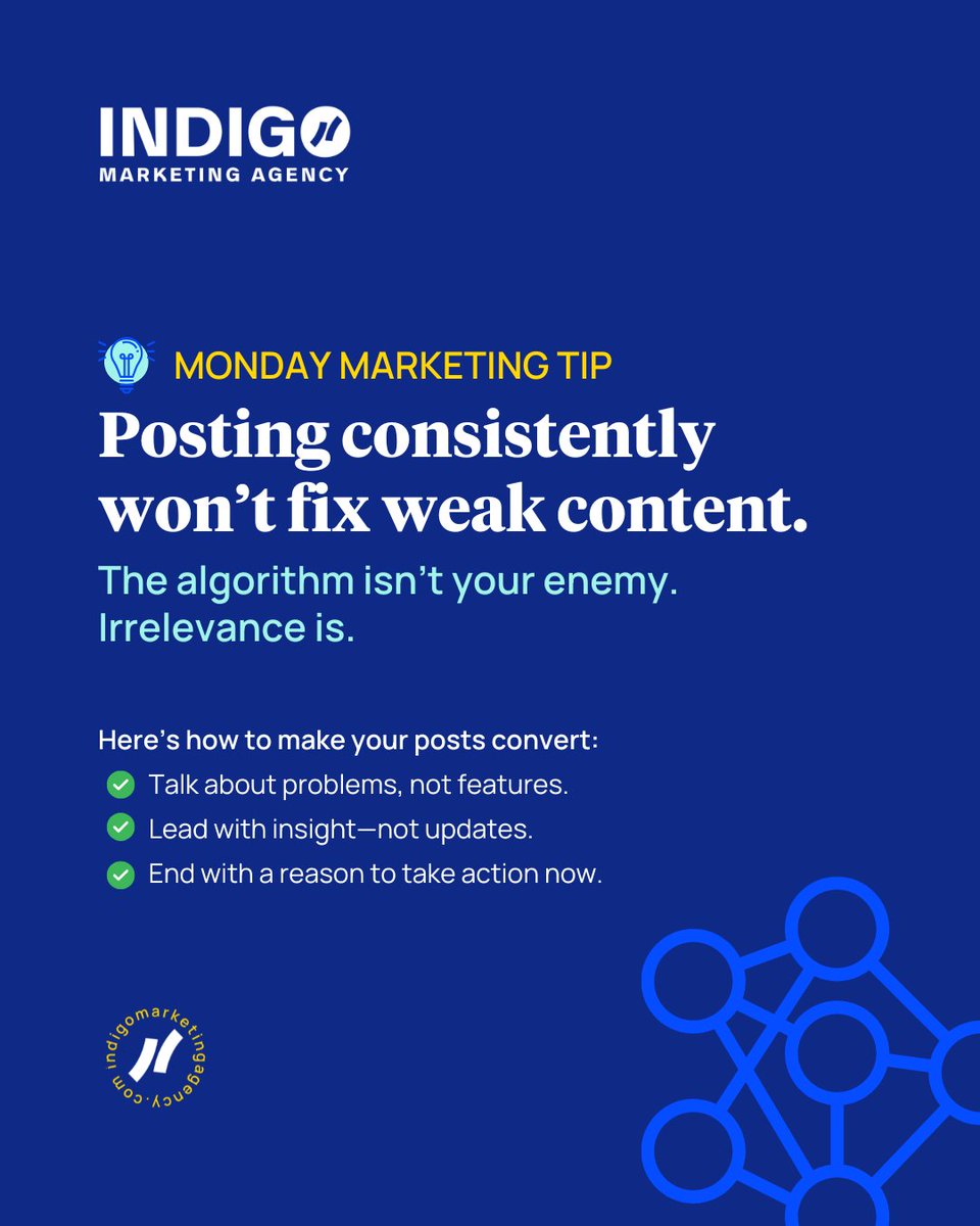 💡 Monday Marketing Tip 💡

 Posting consistently won’t fix weak content.

The algorithm isn’t your enemy. Irrelevance is.

🔥 Here’s how to make your posts convert:

 • Talk about problems, not features.
 • Lead with insight—not updates.
 • End with a reason to take action