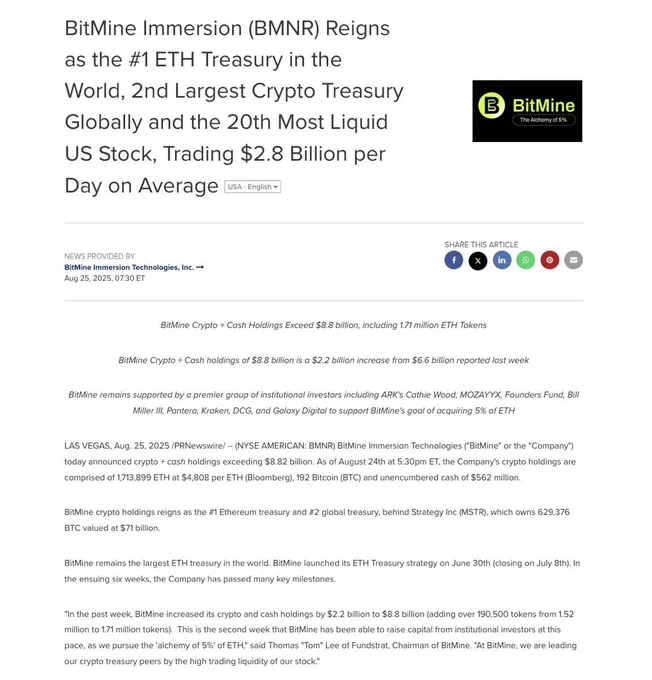 🔴ROVER: Tom Lee: Il tesoro di Ethereum di Bitmine supera gli 8,8 miliardi di dollari