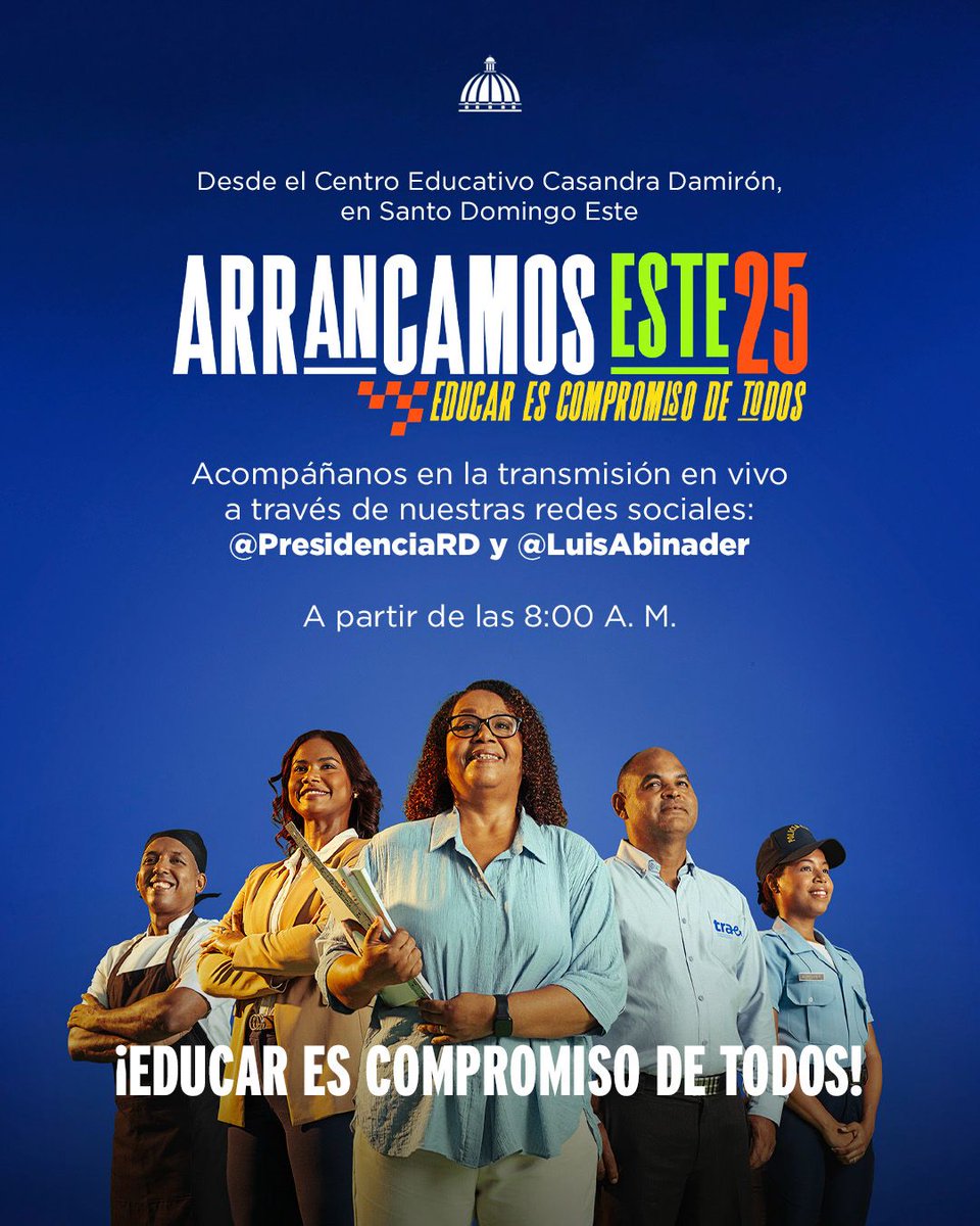 ¡Hoy arranca el año escolar 2025-2026! 

Sigue el acto de apertura desde el Centro Educativo Casandra Damirón, encabezado por el presidente @LuisAbinader y el ministro de @EducacionRD, @LMDeCamps.

¡Educar es compromiso de todos!