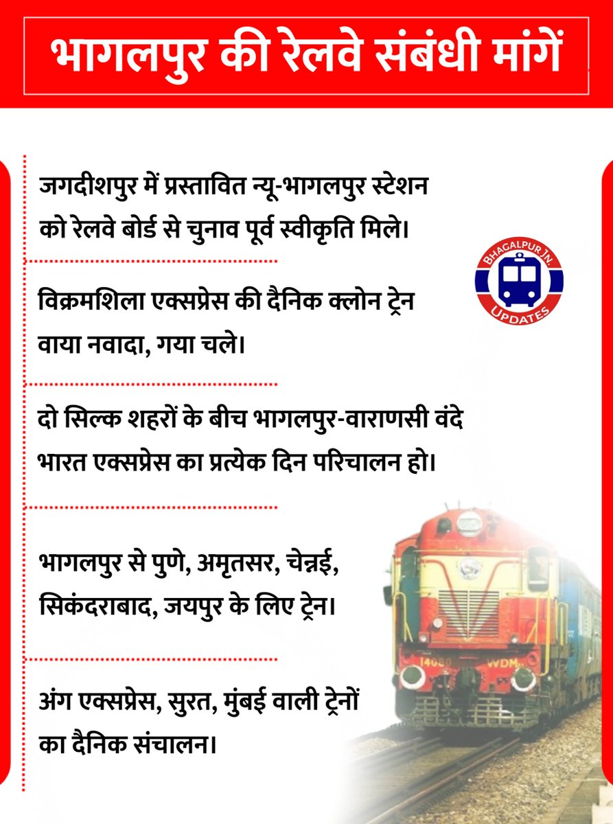 भागलपुर की जनता की कुछ महत्वपूर्ण मांगे हैं जिसमें मुख्यतः नई ट्रेनों की मांग और ट्रेनों के फेरों को बढ़ाया जाना शामिल है।

<a href="/RailMinIndia/">Ministry of Railways</a> <a href="/EasternRailway/">Eastern Railway</a> <a href="/drmmalda/">DRM Malda</a> <a href="/ECRlyHJP/">East Central Railway</a> <a href="/DrmChennai/">DRM Chennai</a> <a href="/RailwayNorthern/">Northern Railway</a> <a href="/NWRailways/">North Western Railway</a> @DRMJaipur <a href="/drmbct/">DRM - Mumbai Central, WR</a> <a href="/WesternRly/">Western Railway</a> <a href="/nerailwaygkp/">North Eastern Railway</a> <a href="/drmbsbner/">DRM Varanasi</a> <a href="/drm_fzr/">DRM Ferozpur NR</a>