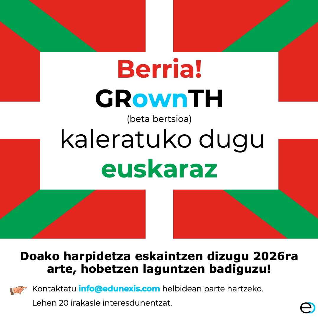 Balidazio honetan parte hartu nahi duen irakasle berritzailea bazara, plazer bat izango da zurekin kontatzea.

Eskerrik asko!

#hezkuntzaberrikuntza #euskalirakasleak #GRownTHeuskaraz #Edunexiseuskaraz