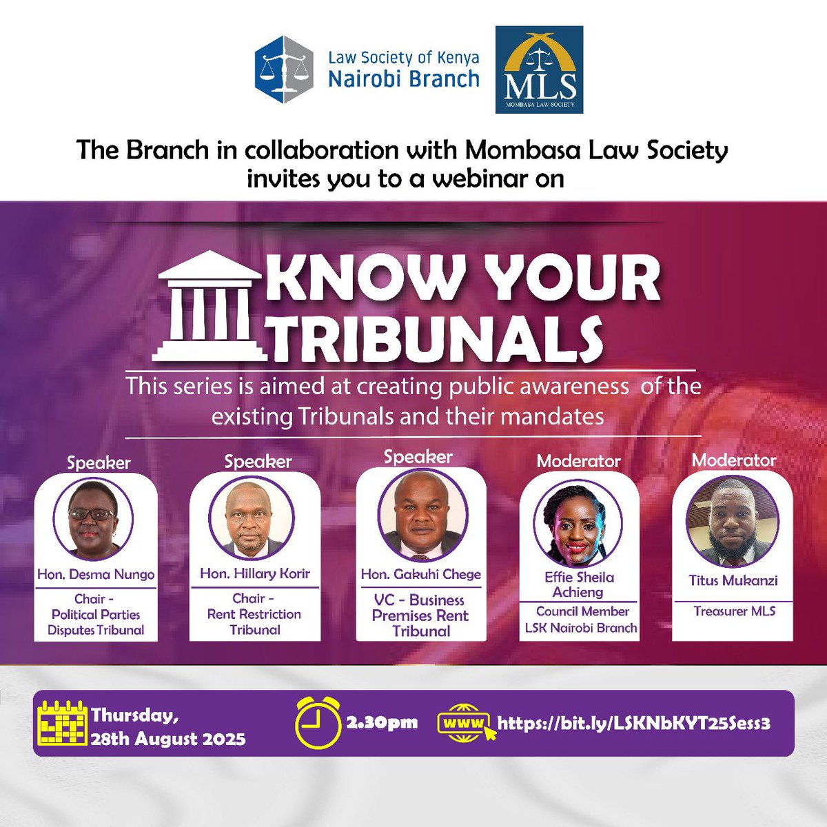 Curious about the work of Kenya’s Tribunals? 🏛️
Join us for the Know Your Tribunals Sensitization Series on Thursday, 28th August 2025 at 2:30pm. Learn about the mandates and procedures of key Tribunals and discover new opportunities for advocates!